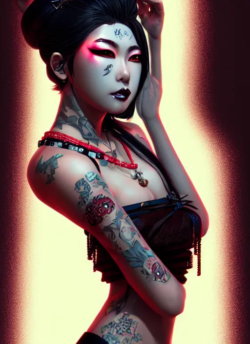 Prompt: soft lustrous ebony geisha seductive raver yakuza gothic gutter punk, highly detailed, digital painting, octane render, artstation, concept art, smooth, sharp focus, illustration, art by artgerm, loish, wlop