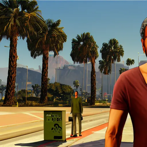 Image similar to Jeff Goldblum in GTA v. Los Santos in the background, palm trees. In the art style of Stephen Bliss