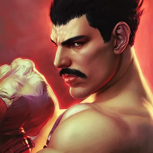 Prompt: ultra realistic freddy mercury as ryu from street fighter, portrait, 4 k, ultra realistic, detailed focused art by artgerm and greg rutkowski and alphonse mucha