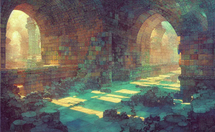 Image similar to tiled room squared waterway, aqueducts, fantasy. intricate, amazing composition, colorful watercolor, by ruan jia, by maxfield parrish, by marc simonetti, by hikari shimoda, by robert hubert, by zhang kechun, illustration, gloomy