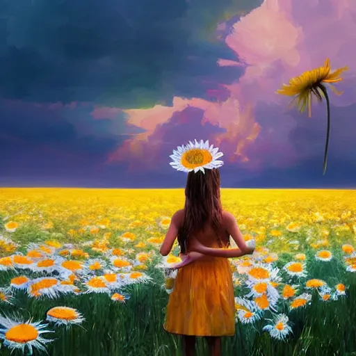 Prompt: head made of giant daisies, girl standing barefoot in a flower field, holding flowers, surreal photography, sunrise dramatic light, impressionist painting, colorful clouds, large sky, digital painting, artstation, simon stalenhag, flower face