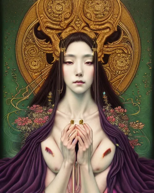 Prompt: portrait of a beautiful goddess of mercy, unusual beauty, esoteric, muted colors, head in focus, fantasy art, ornamental aesthetics intricate, elegant, highly detailed, hyperrealistic painting, artstation, concept art, painterly, sharp focus, illustration, art by chie yoshii