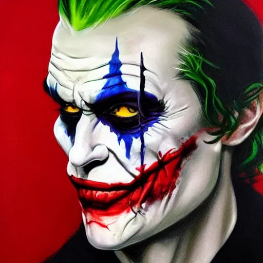 Image similar to an ultra - realistic portrait painting of the joker in the style of frank frazetta. 4 k. ultra - realistic. highly detailed. dark fantasy. epic lighting.