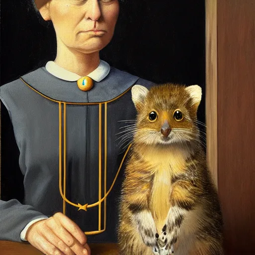 Prompt: portrait painting of cat and quokka in the style of american gothic