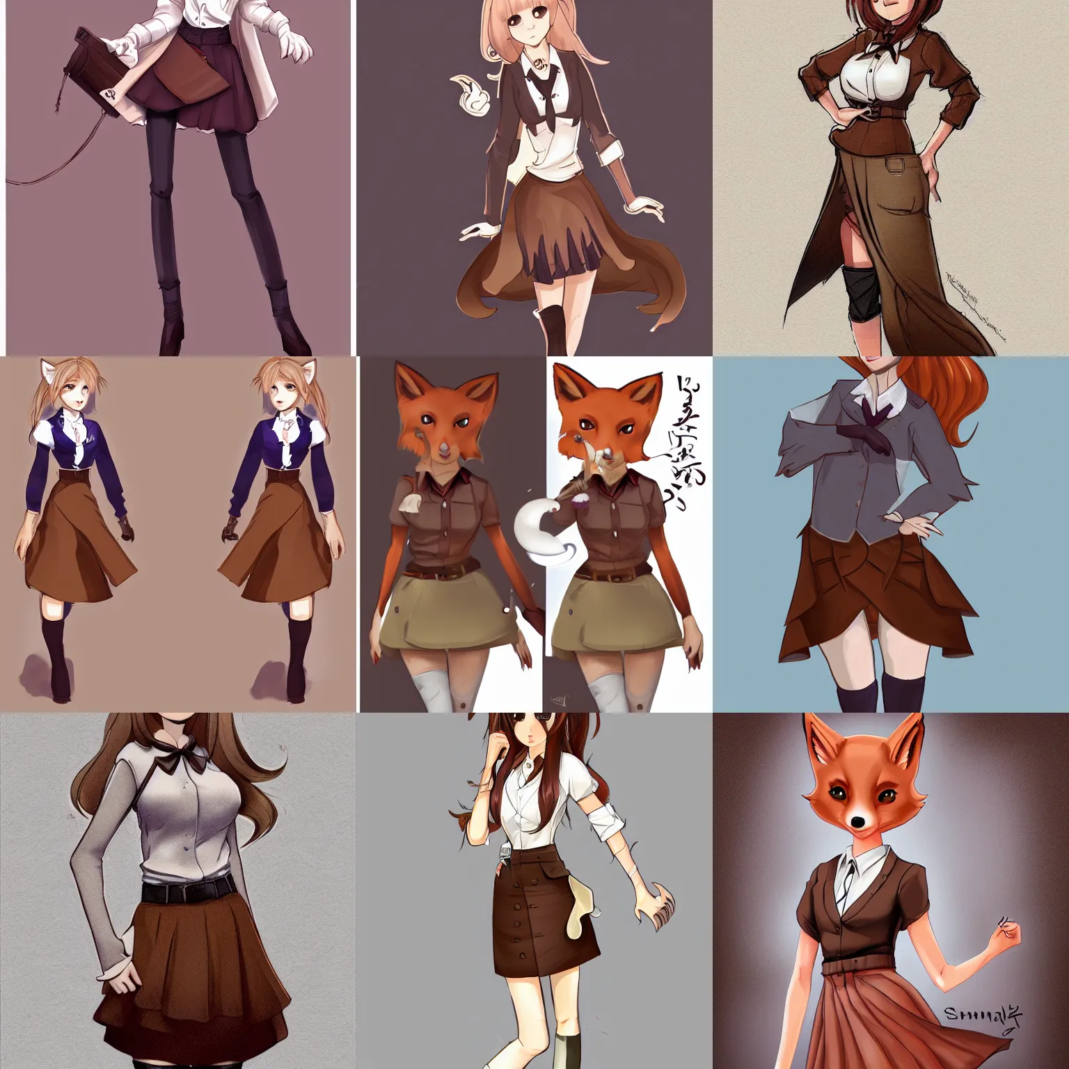 Prompt: a pretty fox in a brown skirt and a white shirt, detailed character portrait by Sōami, Kamagurka, tumblr, furry art, commission for, flat shading, furaffinity