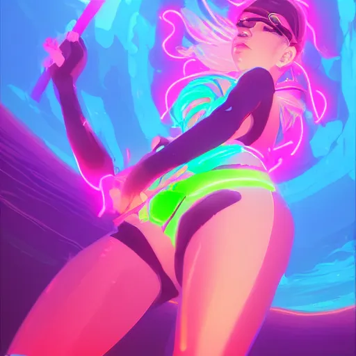 Image similar to neon bikini woman in the ocean | hyperrealistic digital painting by makoto shinkai, ilya kuvshinov, lois van baarle, rossdraws | afrofuturism in the style of hearthstone and overwatch, trending on artstation