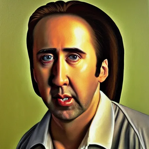 Image similar to highly detailed oil painting of nicolas cage in a banana, 4 k, in the style of caravaggio and dali