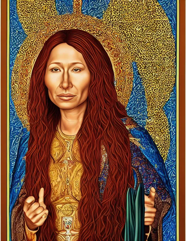 Image similar to a portrait of tori amos as a byzantine saint by alex grey