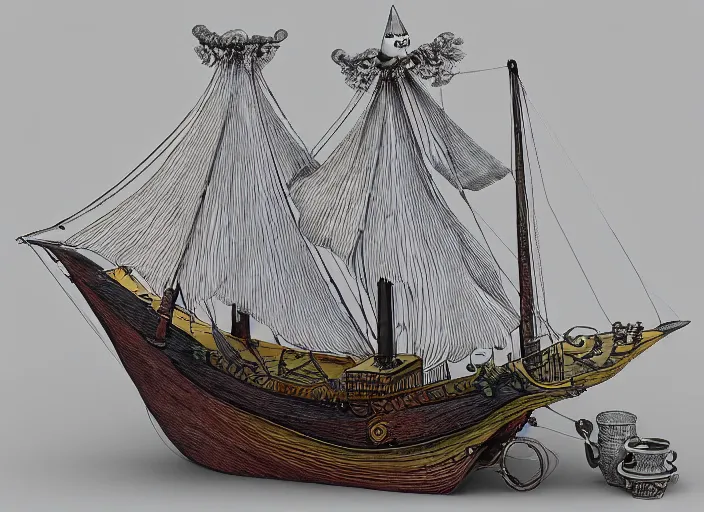 Prompt: sailing vessel, lowbrow, 3 - d, highly detailed, in the style of alexander jansson,