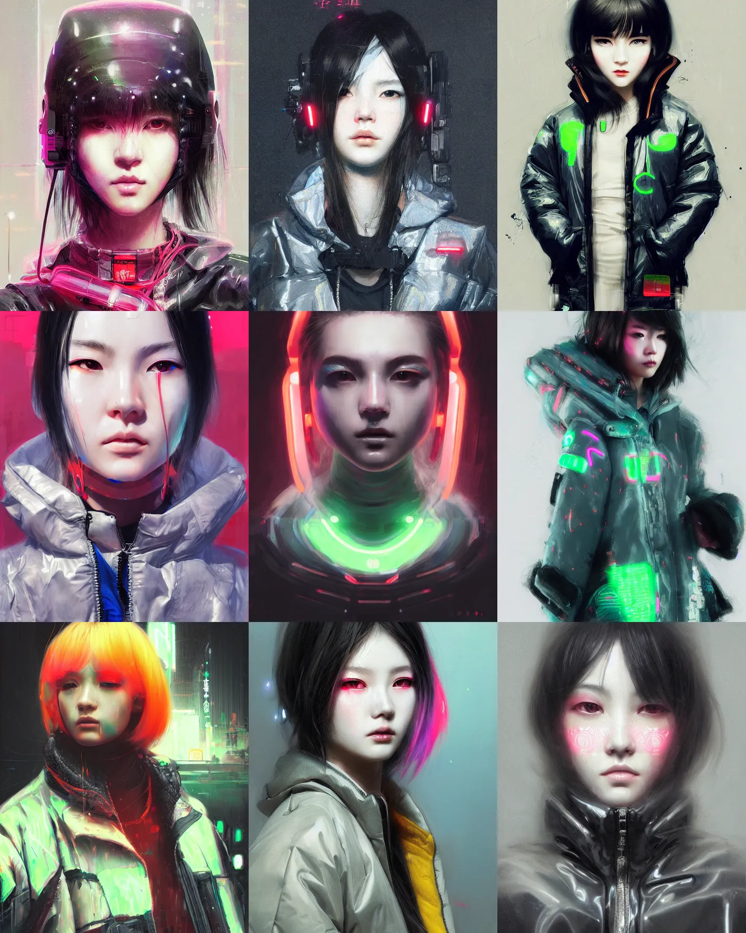 Prompt: detailed portrait neon operator girl, cyberpunk futuristic, neon, reflective puffy coat, decorated with traditional japanese by ruan jia, illustrated, perfect face, fine details, realistic shaded, fine - face, pretty face. by ruan jia