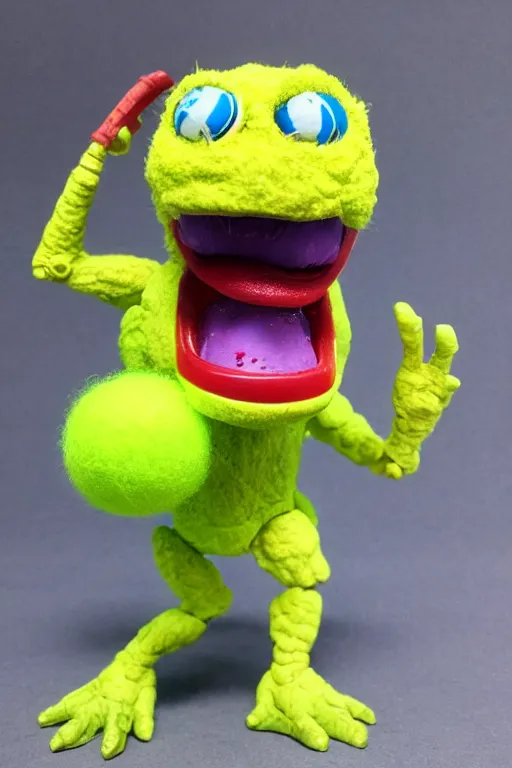 Image similar to 8 k high definition, 1 9 8 0 tennis ball monster kenner style action figure, full body, highly detailed, science fiction, photorealistic