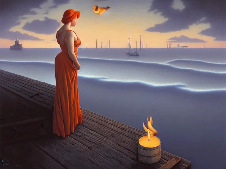 Prompt: a woman standing on a forgotten wharf on a cold sea by rob gonsalves and vladimir kush and roberto ferri and ruth deckard and alberto vargas and gil elvgren and harry ekman and george petty, crisp details, hyperrealism, high detail, high contrast, low light, grey mist, cobblestones, orange candle flames