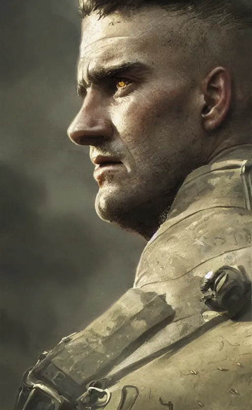 Prompt: Portrait of a WWII tank commander, male, detailed face, 20th century, highly detailed, cinematic lighting, digital art painting by greg rutkowski