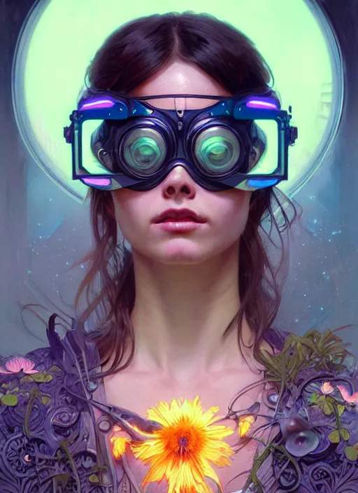 Image similar to lovely woman wearing futuristic goggles in distress, neon flowers, ultra realistic, concept art, intricate details, eerie, highly detailed, photorealistic, 8 k, unreal engine. art by artgerm and greg rutkowski and magali villeneuve, alphonse mucha