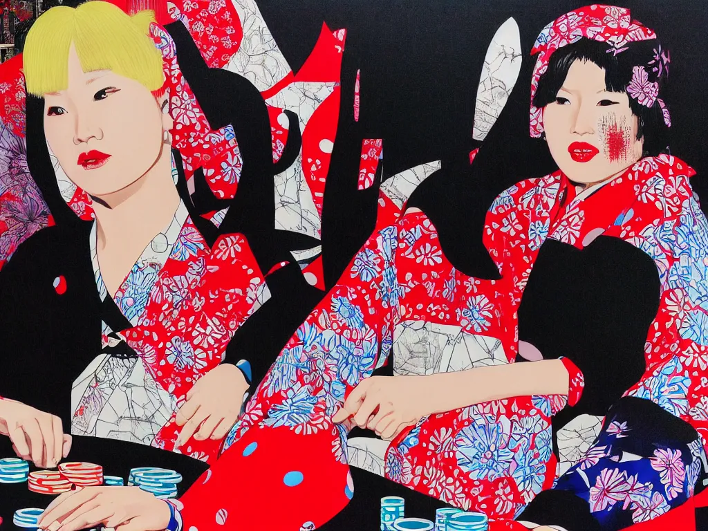 Image similar to hyperrealism composition of the detailed woman in a japanese kimono sitting at an extremely detailed poker table with darth vader, fireworks on the background, pop - art style, jacky tsai style, andy warhol style, acrylic on canvas