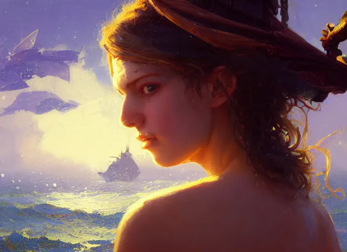 Image similar to wide view picture of a pirate girl, looking at the treasure box, hard breathing, messy hair, very excited, sparkling eyes, magic and fantasy, whale monsters, beautiful and aesthetic and attractive and highly detailed face, specular reflection, occlusion shadow, intricate, bokeh, masterpiece, by ilya kuvshinov and jeremy lipking and quentin mabille