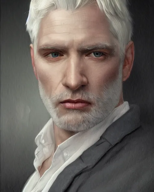 Prompt: portrait of 4 0 - year - old man with white hair with a pale complexion, pointed face and grey eyes, clear smooth face, no beard wearing black suit, hyper realistic face, beautiful eyes, close up, fantasy art, in the style of greg rutkowski, intricate, alphonse mucha, hyper detailed, smooth