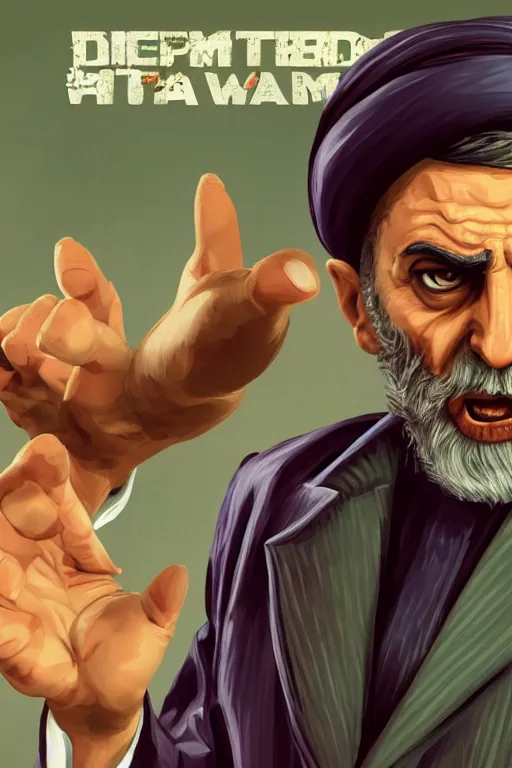 Image similar to angry ali khamenei, with pointing finger, delete duplicating content, parallel content, hyperrealistic anatomy body content, violet polsangi pop art, gta chinatown wars art style, extreme quality masterpiece, bioshock infinite art style, incrinate, 2 color, white frame, content balance proportion