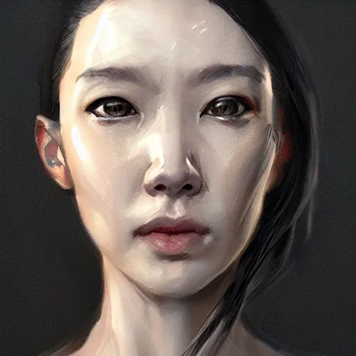 Image similar to portrait of a cyborg by greg rutkowski, she is about 3 0 years old, korean, pale, black bob hair, she is wearing a black tank top, highly detailed portrait, digital painting, artstation, concept art, smooth, sharp foccus ilustration, artstation hq