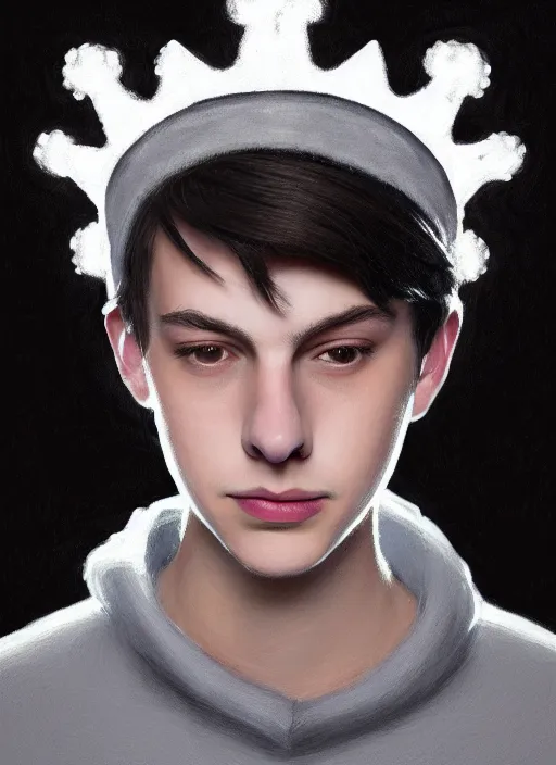 Image similar to portrait of teenage jughead jones wearing a light grey crown, photorealistic, crown, eyes closed, crown, black hair, sweater with letter s on it, letter s, intricate, elegant, glowing lights, highly detailed, digital painting, artstation, concept art, smooth, sharp focus, illustration, art by wlop, mars ravelo and greg rutkowski