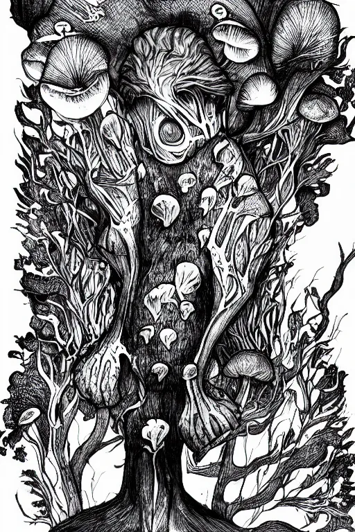 Image similar to black and white illustration, creative design, body horror, mushroom man