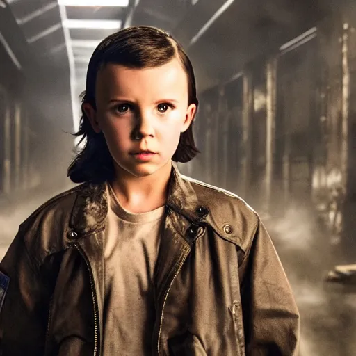 Image similar to Millie Bobby Brown as the Terminator, movie still, dramatic, dark, bloody, doomsday