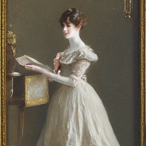 Image similar to young victorian lady in ball gown, a little card and pencil in hand, painted by alfred stevens