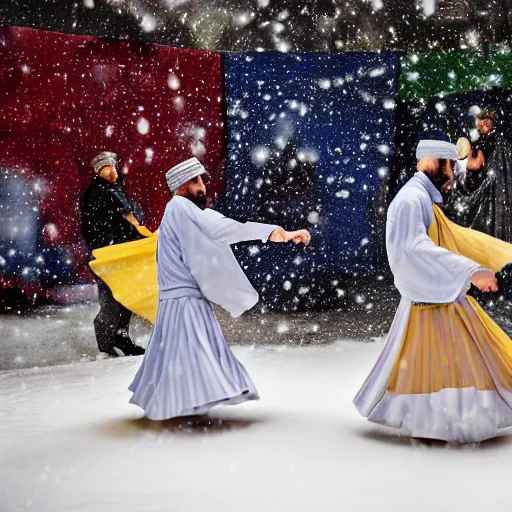 Prompt: whirling dervishes inside a snow globe