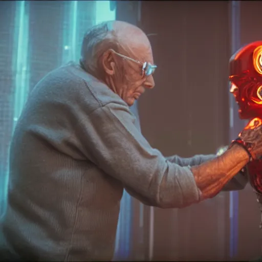 Image similar to cyberpunk buff old man fighting Deadcode humanoid robot Emmanuel Lubezki