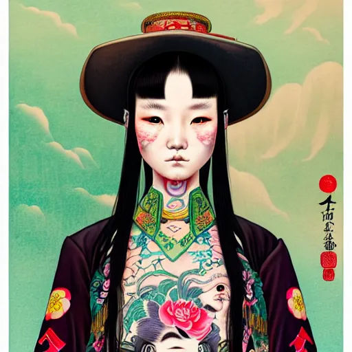 Image similar to full view of a girl from the qing dynasty with tattoos, wearing an american cowboy hat from the old west, in the year 2 0 4 0, style of yoshii chie and hikari shimoda and martine johanna, highly detailed