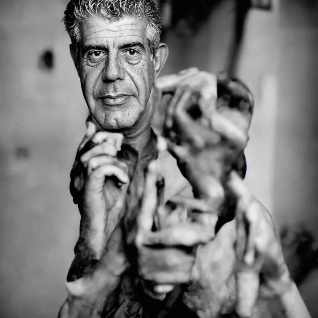 Prompt: studio portrait photo of Anthony Bourdain by Steve Mccurry, 50mm, pentax, film