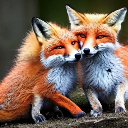 Image similar to Two foxes cuddling together. They are in love.