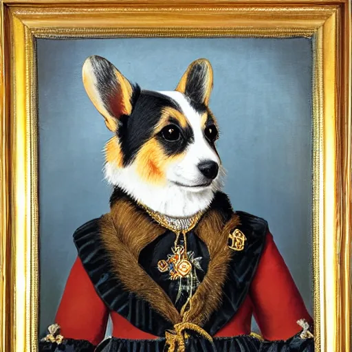 Prompt: historic portrait of the royal Corgi queen