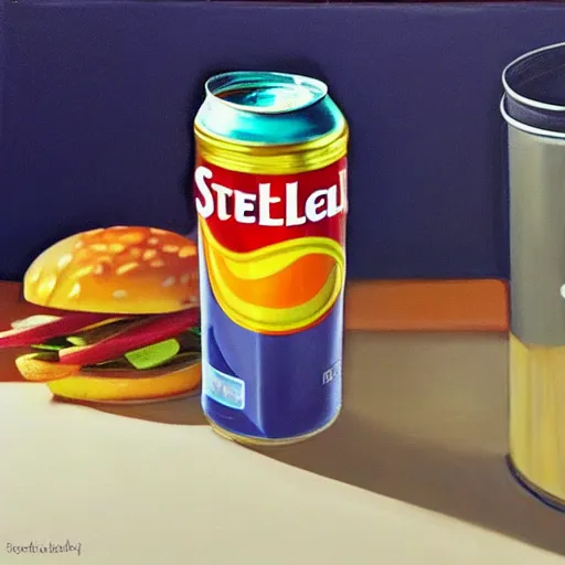 Image similar to realistic painting of a still life with can of stella and happy meal