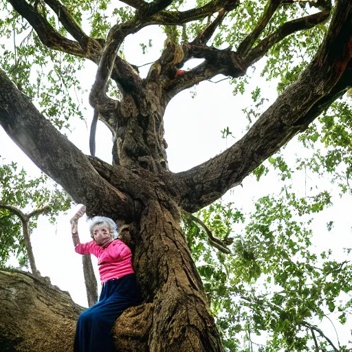 Image similar to elderly woman stuck up a tree, screaming, canon eos r 3, f / 1. 4, iso 2 0 0, 1 / 1 6 0 s, 8 k, raw, unedited, symmetrical balance, wide angle