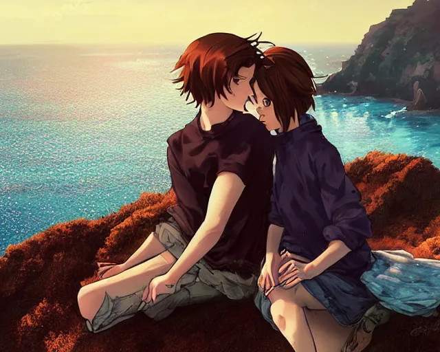 Image similar to a boy with brown hair and a girl with auburn hair sitting together on a cliff overlooking the ocean. Blue sea,, cliffside, sunset, atmospheric lighting, romantic, girl has long auburn hair. By Makoto Shinkai, Stanley Artgerm Lau, WLOP, Rossdraws, James Jean, Andrei Riabovitchev, Marc Simonetti, krenz cushart, Sakimichan, D&D trending on ArtStation, digital art.