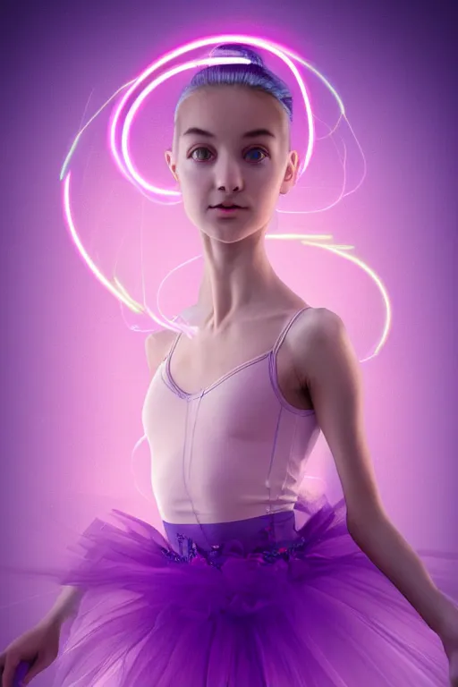 Image similar to a award winning half body portrait of a beautiful ballerina in a crop top and tutu with ombre purple pink teal hairstyle and hands in pockets by ari liloan, surrounded by whirling illuminated lines, outrun, vaporware, smooth, focus, shaded flat illustration, digital art, trending on artstation, highly detailed, fine detail, intricate