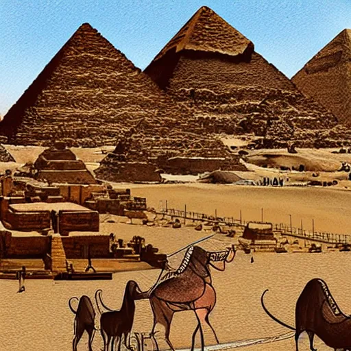 Prompt: a theme park in old egypt, sphynx and pyramids visible, illustration, digital art by laura price