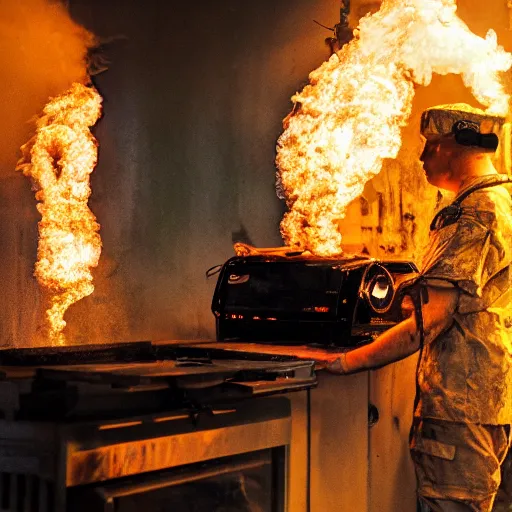 Image similar to soldier with toaster oven augmentation, dark messy smoke - filled cluttered workshop, dark, dramatic lighting, orange tint, sparks, cinematic, highly detailed, sci - fi, futuristic, movie still