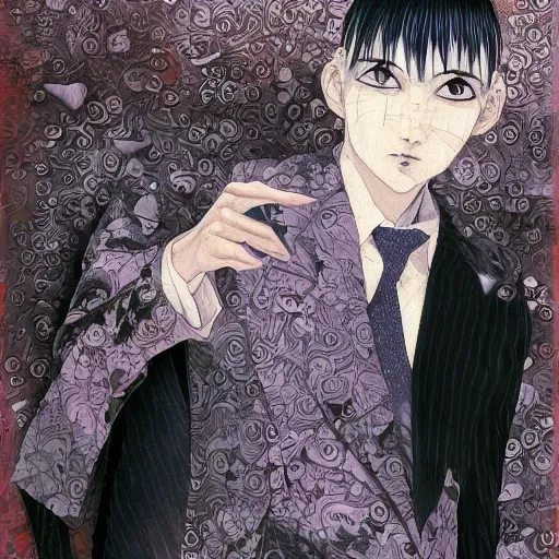 Prompt: yoshitaka amano blurred and dreamy realistic illustration of a character with black eyes and white hair wearing dress suit with tie, junji ito abstract patterns in the background, satoshi kon anime, noisy film grain effect, highly detailed, renaissance oil painting, weird portrait angle, blurred lost edges, three quarter view