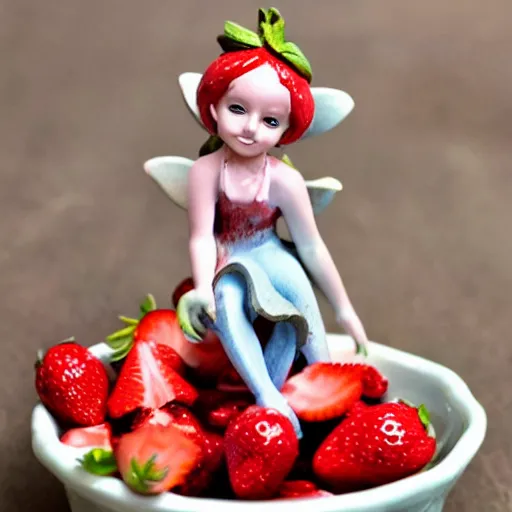 Prompt: a femo figurine of a cute funny strawberry fairy sitting on top of a jar of strawberry jam