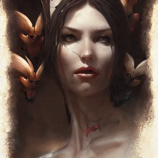 Prompt: a beautiful portrait of a succubus goddess with bats in the background and closed eyes by greg rutkowski and raymond swanland, trending on artstation, ultra realistic digital art