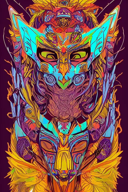 Image similar to animal mask totem roots flower tribal feather gemstone plant wood rock shaman vodoo video game vector cutout illustration vivid multicolor borderlands comics by josan gonzales and dan mumford radiating a glowing aura