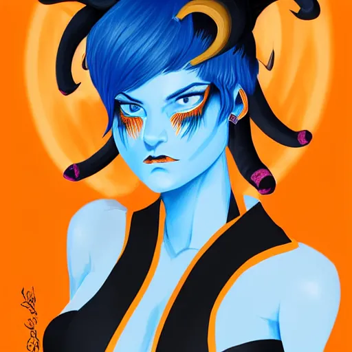 Image similar to illustrated portrait of ram-horned devil woman with blue bob hairstyle and colored orange skin tone and with solid black eyes and black sclera wearing leather by rossdraws