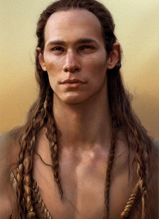 Image similar to a young shaman in his twenties with long light brown hair tied back, a large forehead, a widows peak and a round face with high cheekbones as a realistic d & d fantasy character, portrait art by donato giancola and greg rutkowski, vintage retro, realistic face, digital art, trending on artstation