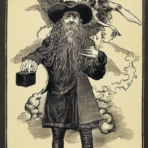 Image similar to A victorian portrait of a crazy wizard with a frizzy , long, gray beard and a chicken perching on top of his hat, dungeons and dragons, fantasy book illustration