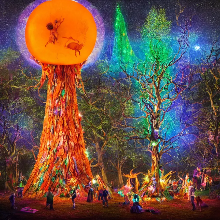 Image similar to closeup of a night carnival inside a magical tree cavity, with a surreal orange moonlight and fireworks, next to a lake with iridiscent water, christmas lights, folklore animals and people disguised as fantastic creatures in a magical forest by summer night, masterpiece painted by storm thorgerson, scene by night, dark night environment, refraction lights, glares