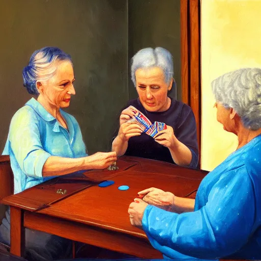 Image similar to 2 old ladies in a blue and brown shirt and a woman playing cards in a commieblock apartment, still life painting, high detail, oil painting