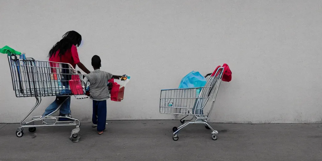 Image similar to homeless mother pushing a shopping cart with a child riding in it, in front of a blank wall, hyperrealistic