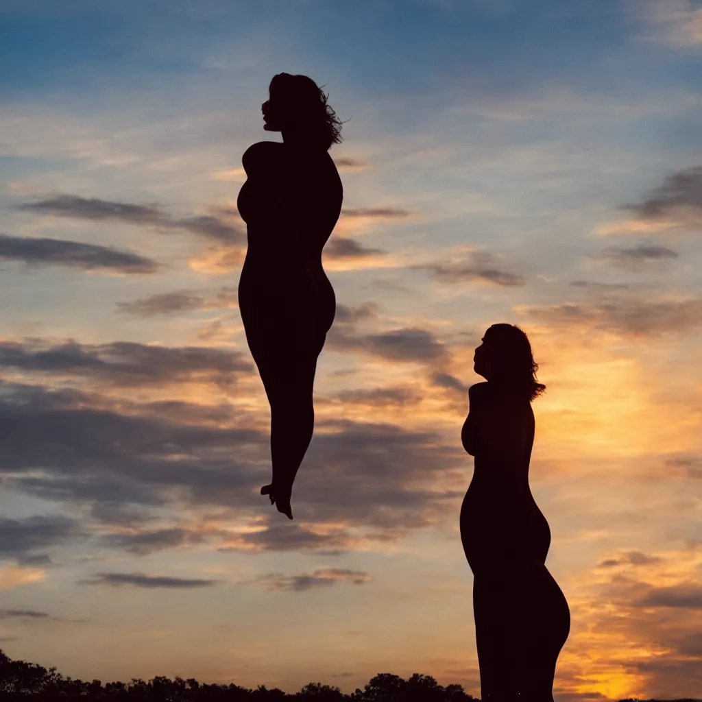 Prompt: a curvy woman gazing at the sunset